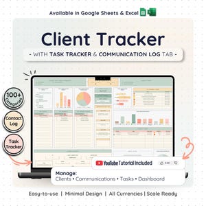 Könnte beinhalten: Ein Laptop-Bildschirm zeigt eine "Client Tracker" Tabellenkalkulationsvorlage. Die Vorlage enthält Diagramme, Grafiken und Datentabellen. Sie enthält auch einen Aufgaben-Tracker, ein Kommunikationsprotokoll und über 100 Kategorien. Verfügbar in Google Sheets und Excel.
