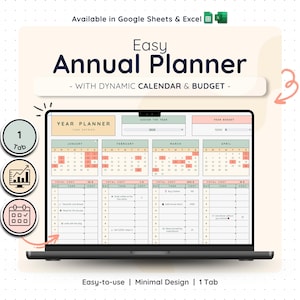 Agenda annuale Fogli Google Excel Monitoraggio delle attività annuali Modello di calendario Foglio di calcolo per la produttività mensile e giornaliera Definizione degli obiettivi digitali