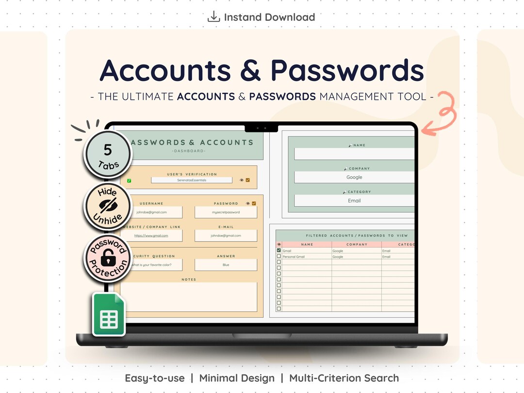 Digital Password Log Spreadsheet Google Sheets Account Tracker Secure ...