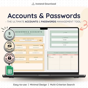 Puede incluir: Una pantalla de portátil muestra una interfaz de herramienta de gestión de "Cuentas y Contraseñas". La interfaz incluye secciones para la verificación del usuario, detalles de la cuenta y una vista filtrada de las cuentas. Los iconos indican protección de contraseña, ocultar/mostrar y 5 pestañas.