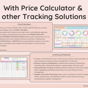 May include: A pink and white infographic with the text "With Price Calculator & other Tracking Solutions". The infographic describes features of a price calculator and inventory management software. The price calculator features include calculating production costs, profit margin, and final price. The inventory management features include tracking stock levels, minimum stock quantities, and supplier information.