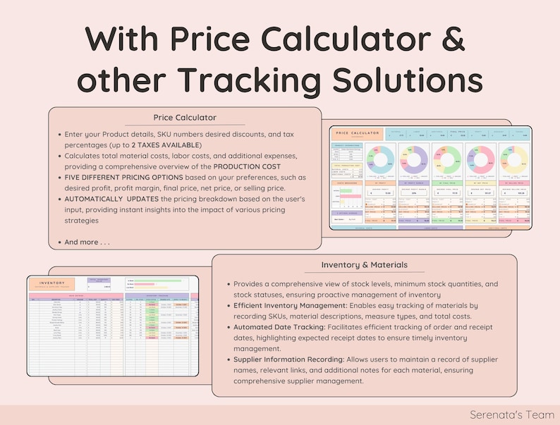 May include: A pink and white infographic with the text "With Price Calculator & other Tracking Solutions". The infographic describes features of a price calculator and inventory management software. The price calculator features include calculating production costs, profit margin, and final price. The inventory management features include tracking stock levels, minimum stock quantities, and supplier information.
