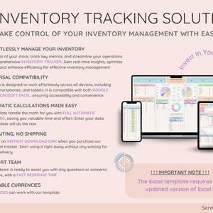 May include: A digital inventory tracking solution displayed on a computer monitor, smartphone, and tablet. The image includes the text "#1 Inventory Tracking Solution" and "Take Control of Your Inventory Management With Ease." The Excel template requires an updated version of Excel.