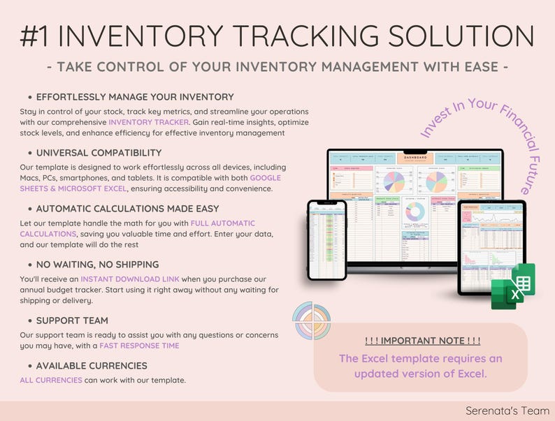May include: A digital inventory tracking solution displayed on a computer monitor, smartphone, and tablet. The image includes the text "#1 Inventory Tracking Solution" and "Take Control of Your Inventory Management With Ease." The Excel template requires an updated version of Excel.
