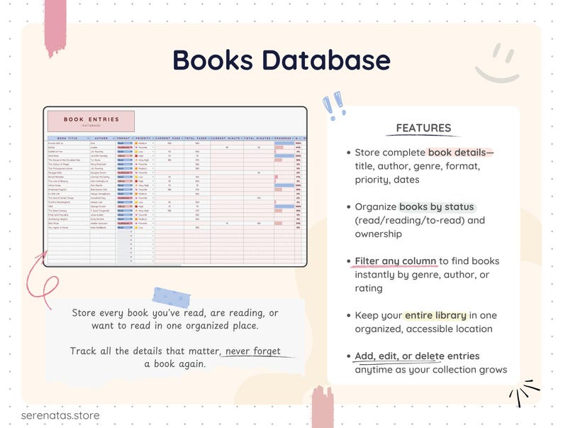 Spreadsheet showing a books database table with columns for book title, author, genre, format, priority, pages, minutes, progress, and status. Side text explains filtering, organizing by read status, and storing complete book details in one place.