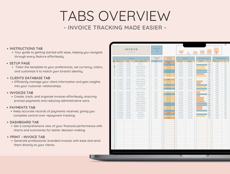 Explore the Invoice Tracker template with tabs for Instructions, Setup, Clients Database, Invoices Management, Payments Tracker, Dashboard Insights, and Print-Invoice Generator.