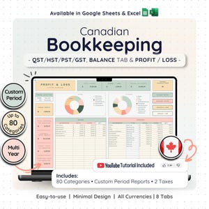 Peut inclure: Un tableur de comptabilité canadienne numérique pour Google Sheets et Excel avec un tableau de bord de profits et pertes, des graphiques, le suivi des taxes QST, HST, PST et GST, 80 catégories, support multi-annuel et tutoriel YouTube.