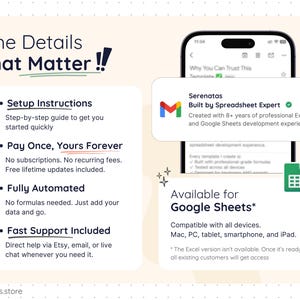 Information page highlighting step-by-step setup instructions, lifetime access, fully automated formulas, Google Sheets compatibility, and fast customer support. Works on Mac, PC, tablet, smartphone, and iPad, with free future updates included for existing customers.