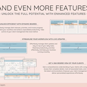 May include: A digital marketing graphic with the text "AND EVEN MORE FEATURES" and "UNLOCK THE FULL POTENTIAL WITH ENHANCED FEATURES". The graphic includes charts and diagrams illustrating client management features.