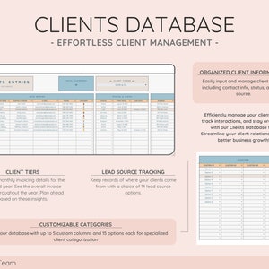 Effectively manage client data in the Clients Database tab, complete with custom categories, status updates, lead source tracking, and personalized client cards for streamlined client management.