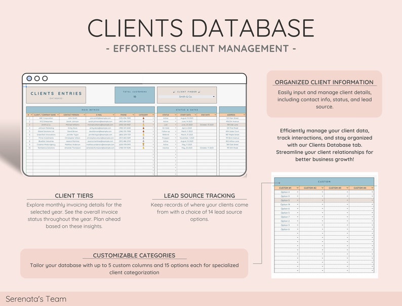 Effectively manage client data in the Clients Database tab, complete with custom categories, status updates, lead source tracking, and personalized client cards for streamlined client management.