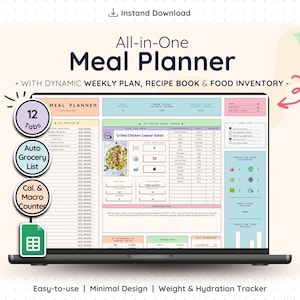 May include: A laptop screen displays a digital meal planner with the text "All-in-One Meal Planner." Features include a dynamic weekly plan, recipe book, and food inventory. The planner has 12 tabs, an auto grocery list, and a calorie and macro counter.