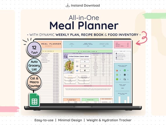 Meal Planner Google Sheets – Weekly Menu Planner Grocery List Spreadsheet (Rainbow)