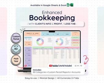 Profit and Loss Easy Bookkeeping Template & Business Spreadsheet with Income and Expense Tracker | Tax Planner and Client Tracker