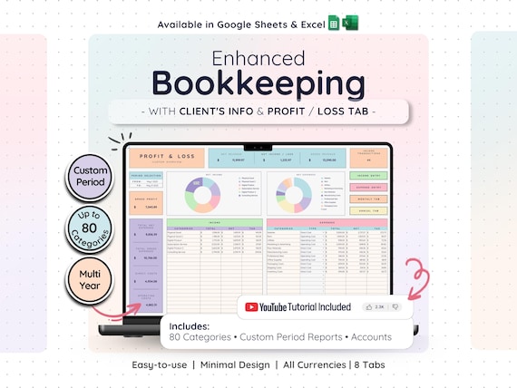 Profit and Loss Easy Bookkeeping Template & Business Spreadsheet with Income and Expense Tracker | Tax Planner and Client Tracker