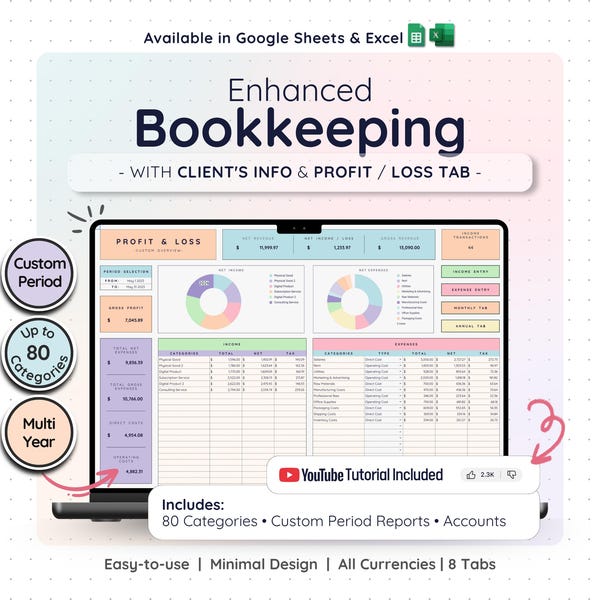 Profit and Loss Easy Bookkeeping Template & Business Spreadsheet with Income and Expense Tracker | Tax Planner and Client Tracker