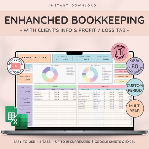 Profit and Loss Easy Bookkeeping Template & Business Spreadsheet with Income and Expense Tracker | Tax Planner and Client Tracker