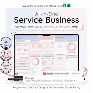 Freelancer Business Planner Google Sheets Excel CRM Client Tracker Invoice Bookkeeping Task Manager Expense Budget Dashboard Template