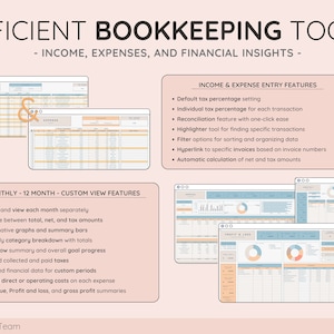 May include: An image showcasing efficient bookkeeping tools with the text "EFFICIENT BOOKKEEPING TOOLS - INCOME, EXPENSES, AND FINANCIAL INSIGHTS -". The image displays several spreadsheets with features like income and expense entry, and monthly custom views. The image also includes charts and graphs.