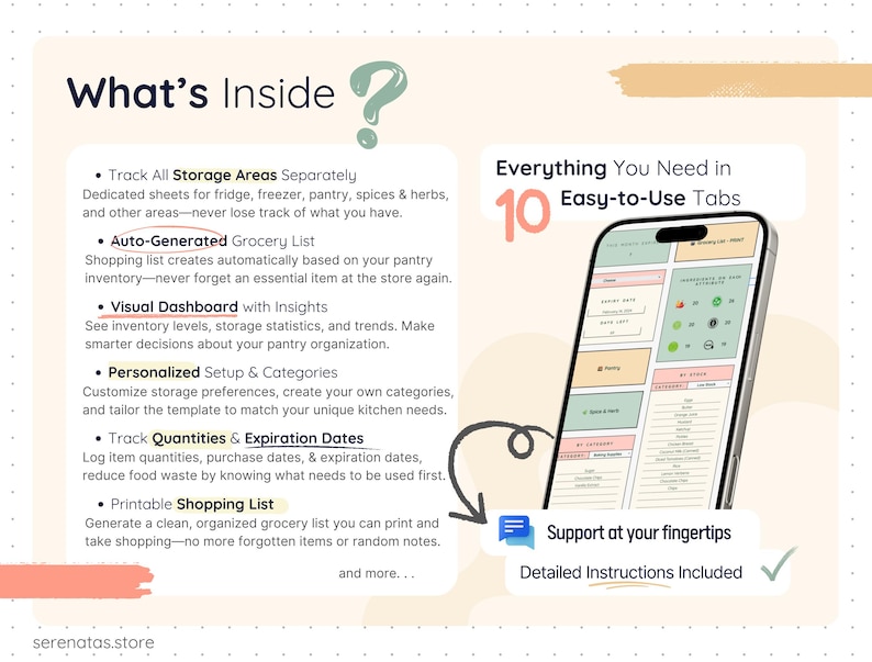 Overview of what’s included in the Smart Pantry spreadsheet template, listing features such as separate tracking for all storage areas, auto-generated grocery list, visual dashboard insights, customizable categories, quantity and expiration date tracking, and printable shopping lists, all presented in a clean and beginner-friendly layout.