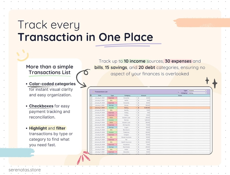 Spreadsheet image displaying a colorful transactions list with dates, categories, amounts, and checkboxes. The text highlights features like color-coded categories, filtering options, and support for income, expenses, savings, and debts.