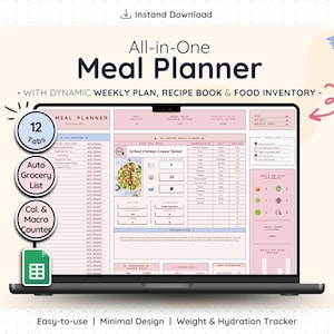 Pode incluir: Um ecrã de computador portátil exibe um planejador de refeições digital com o texto "All-in-One Meal Planner". O planejador inclui seções para planos semanais, um livro de receitas e um inventário de alimentos. Possui uma lista de compras automática e um contador de calorias e macros.