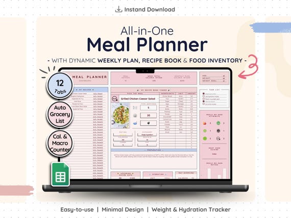 Digital Meal Planner Google Sheets Recipe Organizer Weekly Menu Spreadsheet Grocery List Food Inventory Tracker Family Dinner Template
