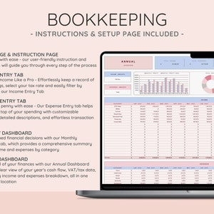 May include: A laptop computer displaying a spreadsheet with a pink and blue color scheme. The spreadsheet is titled "Annual Overview" and includes columns for income and expenses. The spreadsheet is part of a bookkeeping template.