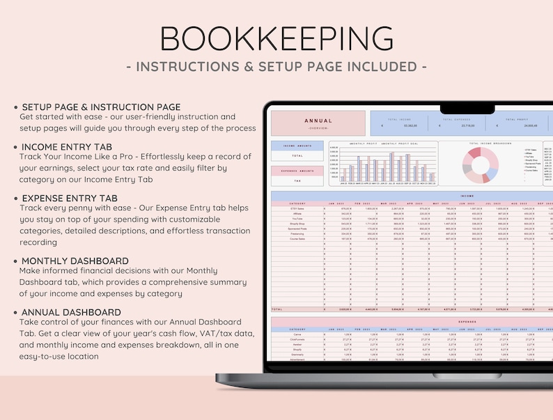 May include: A laptop computer displaying a spreadsheet with a pink and blue color scheme. The spreadsheet is titled "Annual Overview" and includes columns for income and expenses. The spreadsheet is part of a bookkeeping template.