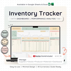 Puede incluir: Una pantalla de port&aacute;til muestra una hoja de c&aacute;lculo "Inventory Tracker" con un panel y una pesta&ntilde;a de an&aacute;lisis de rendimiento. La imagen incluye el texto "Disponible en Google Sheets & Excel" y "Tutorial de YouTube incluido". La hoja de c&aacute;lculo gestiona proveedores, existencias, productos y materiales.