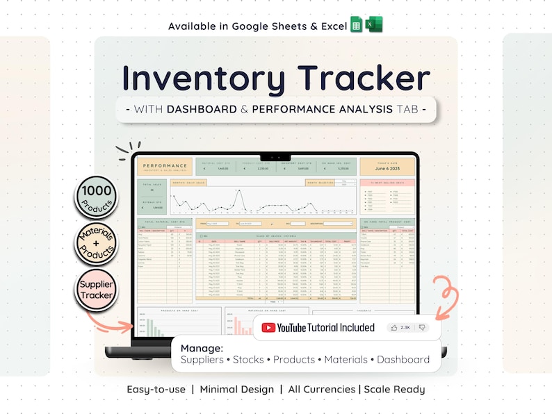 Puede incluir: Una pantalla de port&aacute;til muestra una hoja de c&aacute;lculo "Inventory Tracker" con un panel y una pesta&ntilde;a de an&aacute;lisis de rendimiento. La imagen incluye el texto "Disponible en Google Sheets & Excel" y "Tutorial de YouTube incluido". La hoja de c&aacute;lculo gestiona proveedores, existencias, productos y materiales.