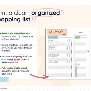 Printable shopping list layout with a clean, organized design, including categorized ingredients, quantity columns, checkboxes, shopping date, notes, and task sections. Optimized for printing or digital use to make grocery shopping faster, clearer, and more structured.