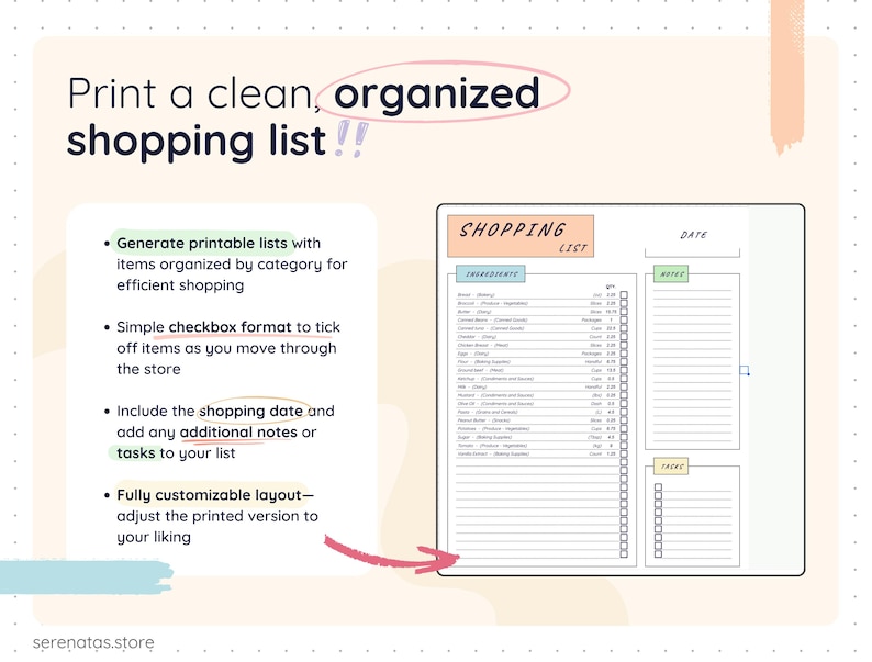 Printable shopping list layout with a clean, organized design, including categorized ingredients, quantity columns, checkboxes, shopping date, notes, and task sections. Optimized for printing or digital use to make grocery shopping faster, clearer, and more structured.