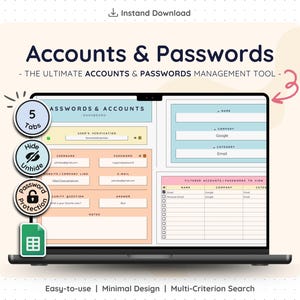 May include: A laptop screen displays a digital accounts and passwords management tool. The interface features sections for usernames, passwords, and company details. The design includes icons for password protection and hiding/unhiding information. The text reads "Accounts & Passwords".