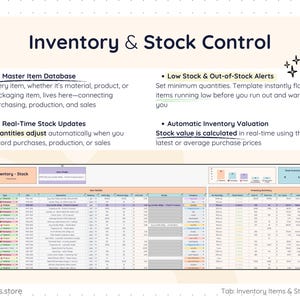 Inventory master database spreadsheet with SKU, item type, quantities, unit cost, stock status, and inventory value calculations. Low stock and out-of-stock alerts highlighted. Real-time stock adjustments occur when recording purchases, production, or sales. Automatic inventory valuation based on latest or average purchase cost.