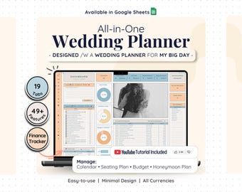 Bröllopschecklista Planerare Google Sheets Budget Tracker Sittplatser Gästlista Kalender Tidslinjemall Digital kalkylark Organiserare