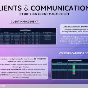 May include: A digital marketing graphic with the text "CLIENTS & COMMUNICATIONS - EFFORTLESS CLIENT MANAGEMENT." The image includes screenshots of client management and communications logs, with detailed information and data organization features.