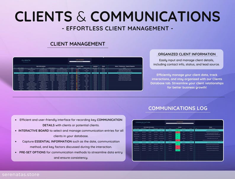 May include: A digital marketing graphic with the text "CLIENTS & COMMUNICATIONS - EFFORTLESS CLIENT MANAGEMENT." The image includes screenshots of client management and communications logs, with detailed information and data organization features.