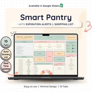 Voorraadtracker voorraadkast Google Spreadsheets Boodschappenlijst Spreadsheet Keuken Organisatiesjabloon Voedselopslag Vervaldatum Manager Koelkastlogboek