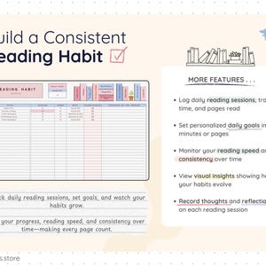 Spreadsheet showing a reading habit log with daily entries for minutes read, pages read, dates, and notes. Side text explains setting daily goals, tracking consistency, monitoring reading speed, and recording reflections for each session.