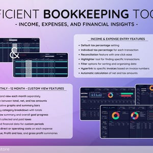 May include: An advertisement for efficient bookkeeping tools. The image displays a dark-themed interface with financial data, graphs, and charts. Text highlights features like income and expense entry, monthly views, and custom financial insights. The website serenatas.store is also displayed.