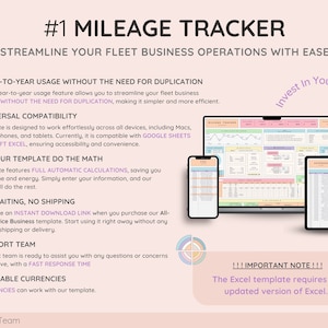 May include: A digital mileage tracker template for fleet business operations, displayed on a laptop, tablet, and smartphone screen. The layout features charts, tables, and text in pastel colors. Includes an Excel icon and text notes about compatibility, automatic calculations, and instant download availability.