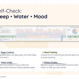 Self-check dashboard inside a habit tracker for Google Sheets that tracks sleep, water intake, and daily mood. Includes customizable goals, emoji mood tracking, hydration logging, sleep monitoring, trend graphs, and visual charts to help build healthier daily routines.