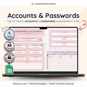 Może przedstawiać: Ekran laptopa wyświetla różowo-białe narzędzie do zarządzania kontami i hasłami. Ekran pokazuje pola na nazwy użytkowników, hasła i inne szczegóły konta. Widoczne są ikony ochrony hasłem, ukrywania/pokazywania i 5 zakładek.