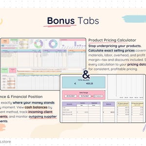 Product Pricing Calculator and financial overview dashboard in Google Sheets. Slide features a pricing calculator that calculates exact selling prices including materials, labor, overhead, tax, discounts, and profit margins. Also includes Balance & Financial Position tab showing total balance, cash balances by payment method, incoming client payments, and outgoing supplier payments for real-time financial clarity.