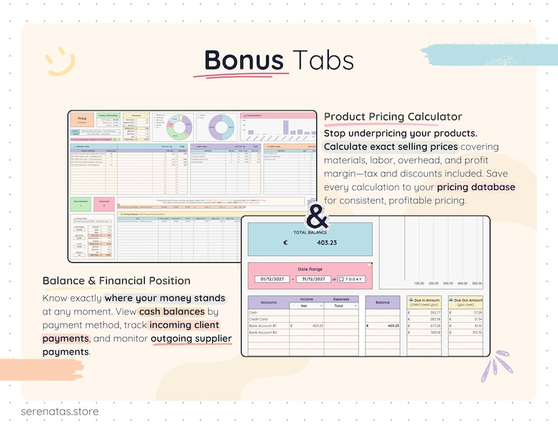 Product Pricing Calculator and financial overview dashboard in Google Sheets. Slide features a pricing calculator that calculates exact selling prices including materials, labor, overhead, tax, discounts, and profit margins. Also includes Balance & Financial Position tab showing total balance, cash balances by payment method, incoming client payments, and outgoing supplier payments for real-time financial clarity.
