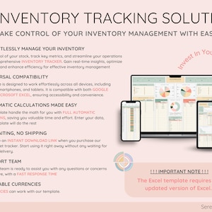 Puede incluir: Una soluci&oacute;n de seguimiento de inventario se muestra en una computadora, tel&eacute;fono inteligente y tableta. La imagen incluye el texto "#1 Soluci&oacute;n de seguimiento de inventario" y "Toma el control de tu gesti&oacute;n de inventario con facilidad." La plantilla de Excel requiere una versi&oacute;n actualizada de Excel.