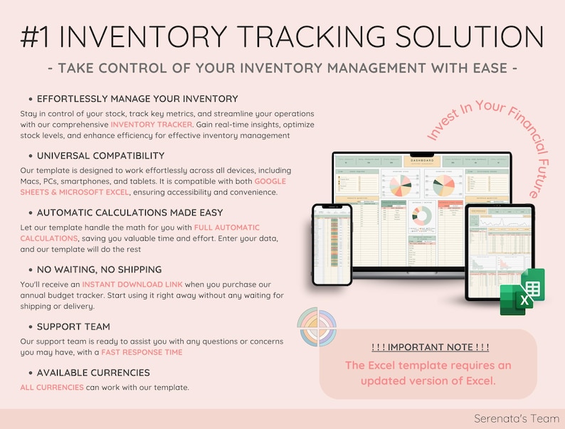 Puede incluir: Una soluci&oacute;n de seguimiento de inventario se muestra en una computadora, tel&eacute;fono inteligente y tableta. La imagen incluye el texto "#1 Soluci&oacute;n de seguimiento de inventario" y "Toma el control de tu gesti&oacute;n de inventario con facilidad." La plantilla de Excel requiere una versi&oacute;n actualizada de Excel.