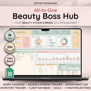 Beauty Business Template Client Tracker Appointment Tracker Inventory Order Invoices Bookkeeping Dashboard Profit & Loss Google Sheets Salon