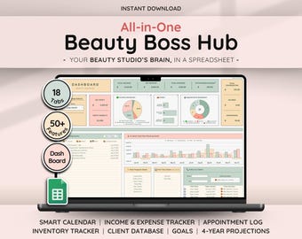 Beauty Business Template Client Tracker Appointment Tracker Inventory Order Invoices Bookkeeping Dashboard Profit & Loss Google Sheets Salon